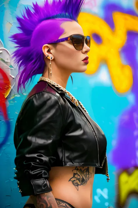 (Artwork, best quality:1.2), 1 girl , ((side view)) , ((hyperrealistic:1.4)), realistic, intrincately detailed, "Punk Girl", in dynamic sensual pose, sexy, hot,  ((spiky mohawk hair, Black punk hair, angry face, wearing a black jacket, chains, sunglasses. ...