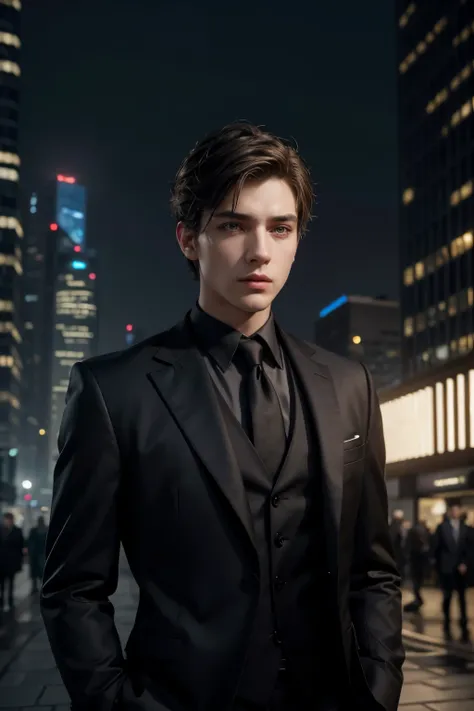 a young man with short brown hair, beautiful detailed eyes, beautiful detailed lips, extremely detailed eyes and face, long eyelashes, serious expression, wearing a black suit, standing in a modern city environment with skyscrapers, cinematic lighting, awa...