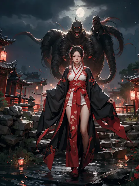 (zwd),1lady standing,full body,(looking at the viewer:1.5),detailed face,detailed eyes,dramatic lighting,red theme,hanfu,tang style,scenery,outdoors,solo,architecture,monster,night sky,night,