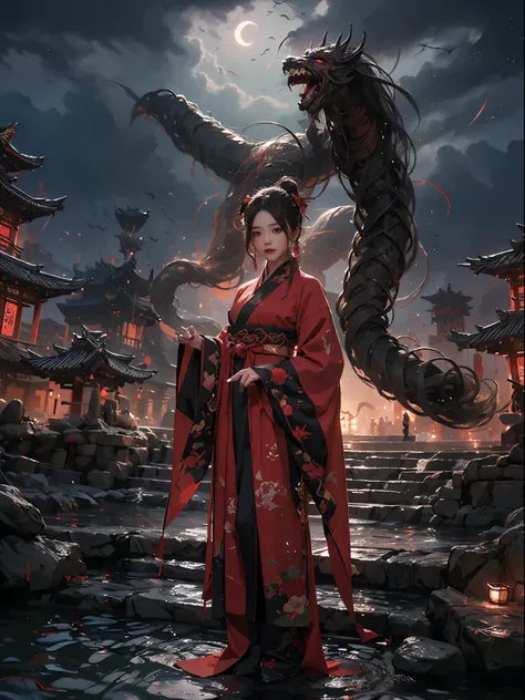 (zwd),1lady standing,full body,(looking at the viewer:1.5),detailed face,detailed eyes,dramatic lighting,red theme,hanfu,tang style,scenery,outdoors,solo,architecture,monster,night sky,night,