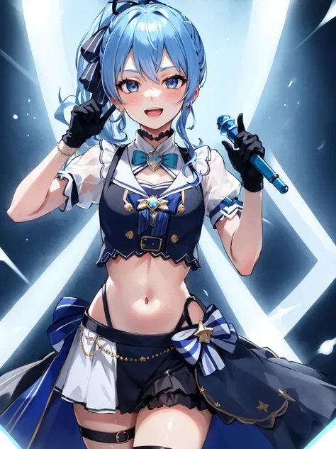 masterpiece, best quality, absurdres, 1girl, solo, Hoshimachi Suisei, light blue hair, blue eyes, happy, smile, parted lips, cowboy shot, sidelocks, ponytail, toned, 
idol, idol clothes, hololive idol uniform, bowtie, blue skirt, brooch, dress, concert, on...