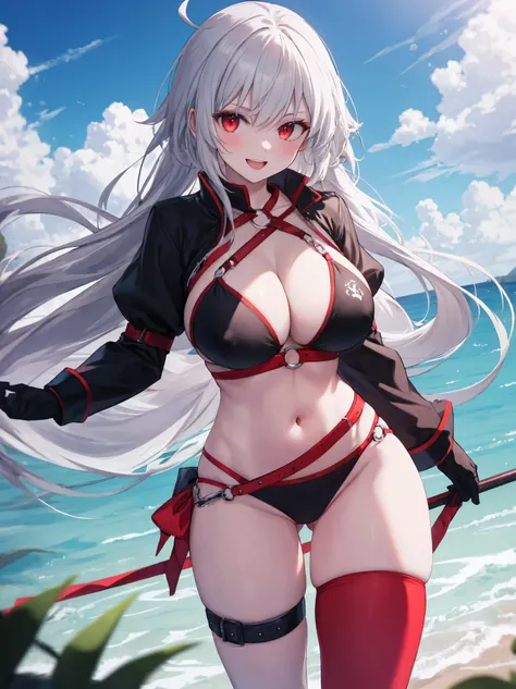 masterpiece, best quality, 1girl, , silver hair, ahoge, red eyes, shaggy_long_hair,, gigantic_breasts, , blue sky_beach_landscape,covered_groin,covered_nipples,solo,young_teen,,open_legs,,crotch_armor,cowboy_shot,crotch, asymmetrical legwear, long hair, bi...