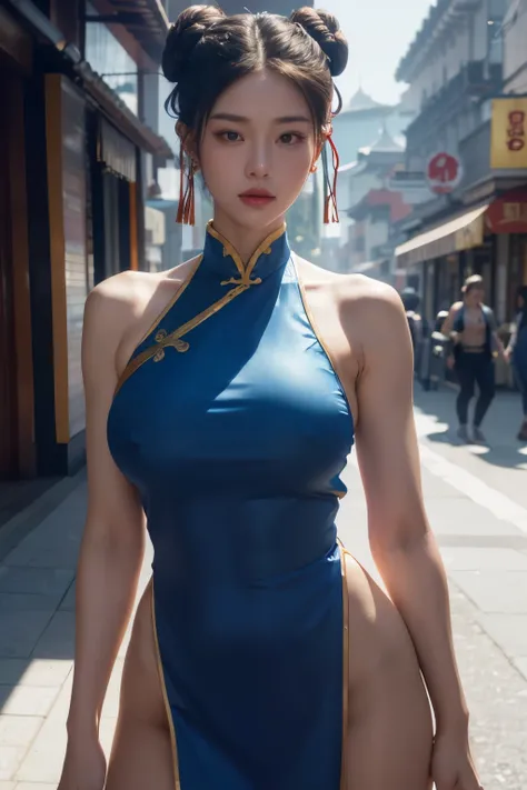 A muscular, slender woman with a bun hairstyle, wearing a blue Chinese traditional outfit, standing in a city street, detailed facial features, beautiful eyes, lips, and face, medium breasted, big thighs, (best quality,4k,8k,highres,masterpiece:1.2),ultra-...