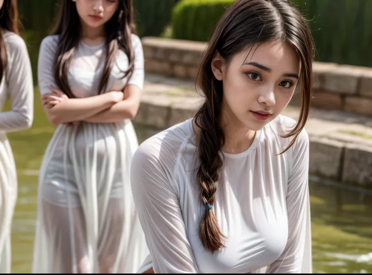 4 four girls  in white traditional uniform , raining, drenched, soaked, wet clothes, dishevelled,oil covered clothes,  wet skin ...