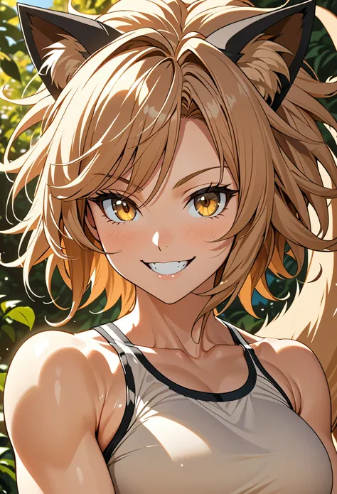 solo female, cat girl, lion ears and tail, short wild sandy hair, hazel eyes, fit, broad shoulders, narrow waist, curvaceous, tomboy, smile, sunny, furry claws, close up