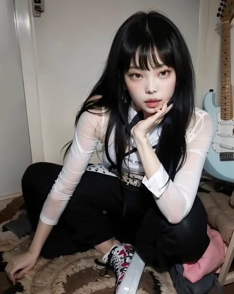 Jennie with bangs and behind her there is a guitar