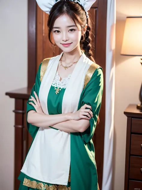 masterpiece, Highest quality, (Highly detailed CG Unity 8k wallpaper), (Highest quality)、1 female、Arabian woman with braids and green necklace is smiling, Jaeyoung Nam, Lee Ji-eun, Lee Ji-eun, Park Jimin, South Korean actress, Shin Jeong-ho, Kwak Ji-yeon, ...