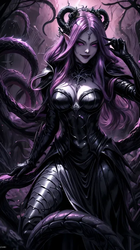 Esoteric arachnids lady, Spider Queen Elise, League of Legends, Esoteric arachnids, Combat Stance, ( body formed from metallic mauveine and metallic black liquid metallic paint twisting into a beautiful interpretation of the female figure), length, Sharp F...