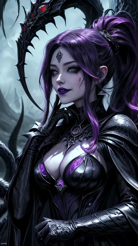 Esoteric arachnids lady, Spider Queen Elise, League of Legends, Esoteric arachnids, Combat Stance, ( body formed from metallic mauveine and metallic black liquid metallic paint twisting into a beautiful interpretation of the female figure), length, Sharp F...