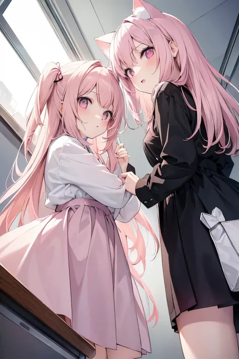 2girls in,(pale pink cat ears:1.2),pale pink long hair brown Bob hair,pink eyes, Hold eachother, crouching in classroom, (From below:1.4)