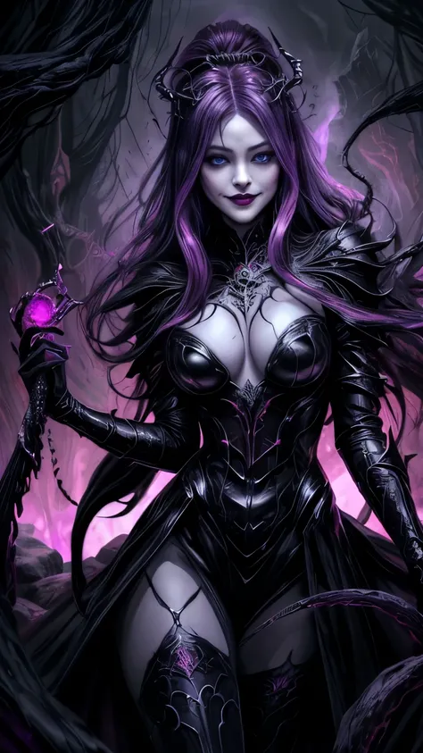 Esoteric arachnids lady, Spider Queen Elise, League of Legends, Esoteric arachnids, Combat Stance, ( body formed from metallic mauveine and metallic black liquid metallic paint twisting into a beautiful interpretation of the female figure), length, Sharp F...