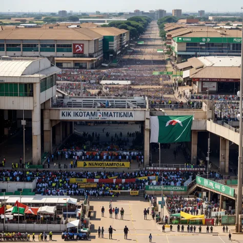 Create a high-resolution photo of a demonstration taking place at Jomo Kenyatta International Airport (JKIA) in Nairobi, Kenya. The scene should show a large crowd of protesters with signs and banners, and prominently feature the Kenyan flag. The airport t...