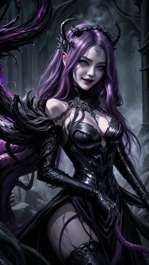 Esoteric arachnids lady, Spider Queen Elise, League of Legends, Esoteric arachnids, Combat Stance, ( body formed from metallic mauveine and metallic black liquid metallic paint twisting into a beautiful interpretation of the female figure), length, Sharp F...