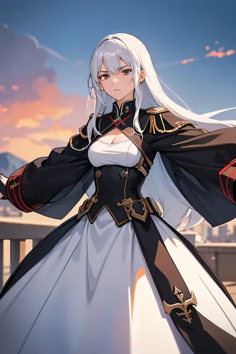 Appearance:

Black eyes
White hair color
Snub nose
Pronounced cheekbones
Eyebrows are 2mm wide
Medium sized ears
Claw-shaped scar on the neck.
Height 178 cm
Small lips
Character:

"The cold-blooded commander of Atilas army. She is an intelligent and calcul...