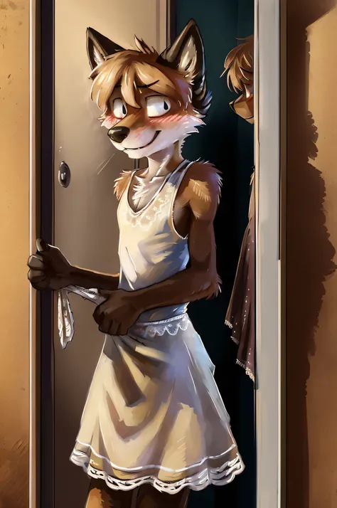 alone, Wolf, male, thin, Day, ((Twink)), detailed, Uploaded to e621, beautiful and detailed portrait of an anthropomorphic boy, (((male))), subtraction, Uploaded to e621, (detailed white lace sundress), Embarrassing, blush, smile, change room, Cross-dressi...