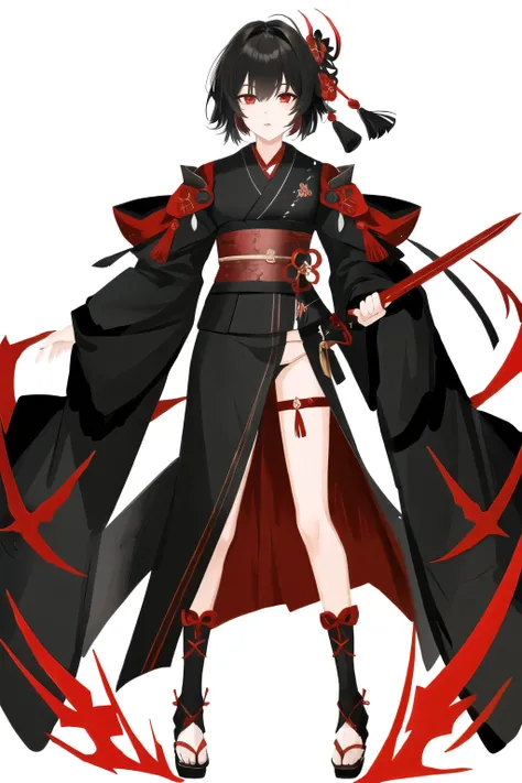 Genshin oc, black and short hair, red eyes, black sword, kimono oufits