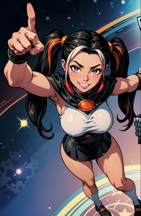 shining orange color mixed black hair, (Multicolored twintails:1.4), smiling young girl, Digital Painting, super hero, muscle girl, korean idol face, pose, fist up, arm up, ((from above)), 1knee up, Behance Contest Winner, afrofuturism, Synthwave, neon, gl...