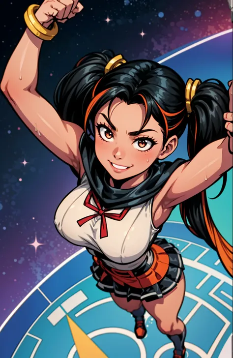 shining orange color mixed black hair, (Multicolored twintails:1.4), smiling young girl, Digital Painting, super hero, muscle girl, korean idol face, pose, fist up, arm up, ((from above)), 1knee up, Behance Contest Winner, afrofuturism, Synthwave, neon, gl...