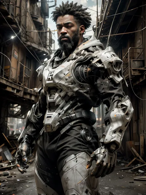 ((Best Quality)), ((masterpiece)), ((realist)), (detailed), (photorealist: 1.5), BEARDED BLACK MAN, (thick body), (black and white suit), lights on the armor, cybernetic clothing, dynamic pose, post-apocalyptic, Destroyed city background, burning buildings...