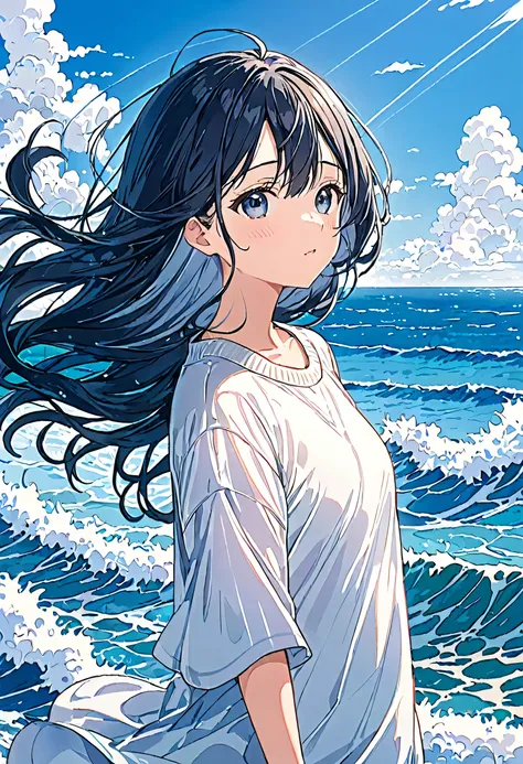 The vast ocean, (A white-bearded girl wearing an old work uniform standing in the middle of the ocean:1.2), Pull composition, whole body, Detailed face, Vision, Calm day, Detailed Clouds, Ocean, Calm waves, 