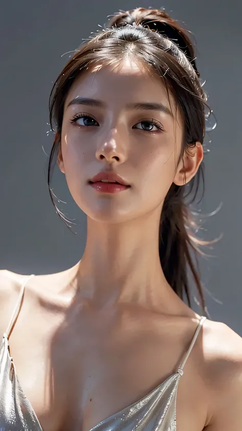 Commercials for luxury cosmetics style,Commercial filming studio,The background is all gray,Body in front,close up face,fully body photo,masutepiece, The highest image quality, High quality, the background is clear，Beautiful woman, Japanese, Detailed, Ultr...