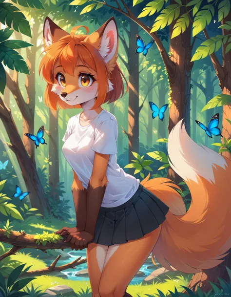 by Makoto Shinkai, by Yakovlev, by Castitas
cartoon, bright, volumetric light
solo, cute, female, (furry fox:1.2)
cute, 1girl, fox ears, orange hair, short hair, fox tail, orange eyes, white t-shirt, black skirt, nature, curious, butterfly