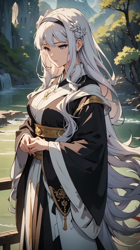 a masterpiece in the style of ancient wei zi，woman with long white hair, takane shijou，exquisite epic character art，presenting s...