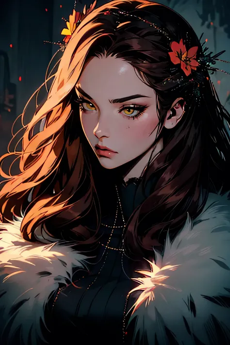 hyper-realistic of a mysterious woman with flowing dark hair, piercing yellow eyes, and a delicate floral crown, upper body, snown background, fur coat