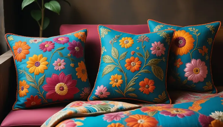 Create an image in the style of ((Kantha)), showcasing intricate and vibrant embroidery patterns. Ensure the design is hyper-realistic, captured in 8K high definition with vibrant colors and sharp focus. The image should be insanely detailed, highlighting ...