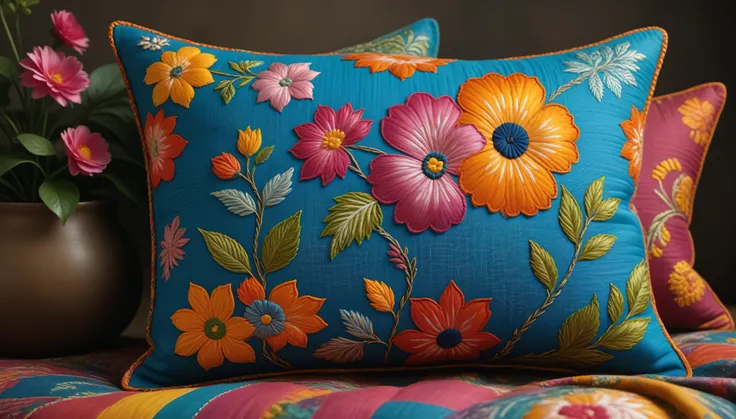 Create an image in the style of ((Kantha)), showcasing intricate and vibrant embroidery patterns. Ensure the design is hyper-realistic, captured in 8K high definition with vibrant colors and sharp focus. The image should be insanely detailed, highlighting ...