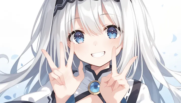 score_9, score_8_up, score_7_up,
arusu maria,1girl, solo, long hair, blue eyes, white hair,hair between eyes,white dress,white thighhighs, long sleeves, wide sleeves,black hairband,Face, close-up, upper body, peace pose, smiling, sit, rised hand, night bac...