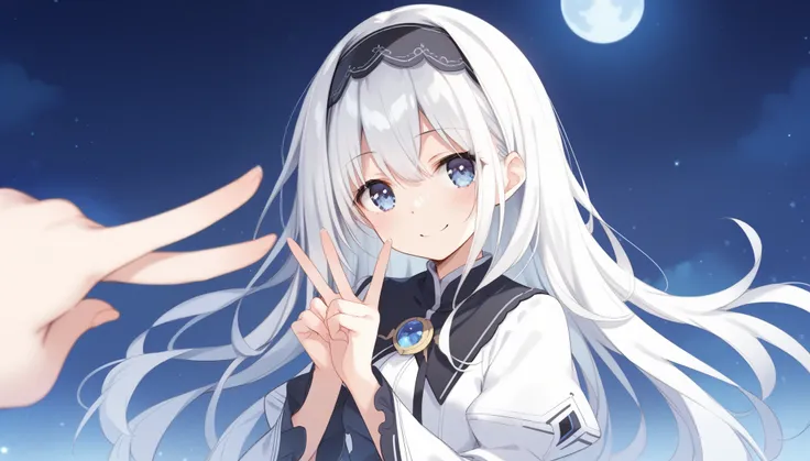 score_9, score_8_up, score_7_up,
arusu maria,1girl, solo, long hair, blue eyes, white hair,hair between eyes,white dress,white thighhighs, long sleeves, wide sleeves,black hairband,Face, close-up, upper body, peace pose, smiling, sit, rised hand, night bac...