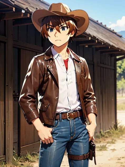 (Ultra-high resolution), (masterpiece), (Attention to detail), (high quality), (最high quality), One Man, (Keiichi_Maehara), Brown Hair, blue eyes, Western Cowboy, (Cowboy hat), leather jacket, scarf, Denim pants, boots, belt, holster, revolver, Showdown sc...