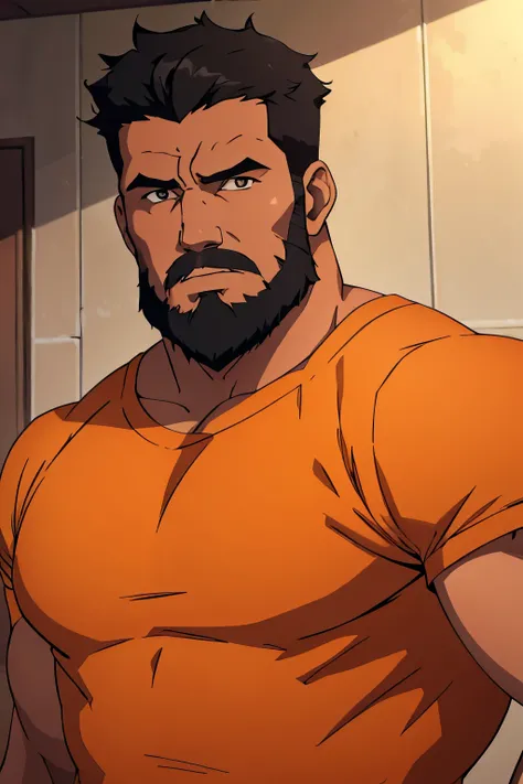 Masterpiece, Best Quality, Ultra Detailed, 1man, mature male, muscular, hunk, bara, jock, beef, dad, black skin, black, taned skin, latino, 36 years old, black hair, beard, stubble, stubble beard, big beard, overcut hair, looking at the viewer, serious exp...