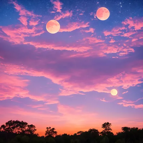 a pink moon in the sky with clouds and stars, pink moon, ☁🌪🌙👩🏾, giant pink full moon, ✨🕌🌙, heaven pink, pink skies, beautiful as the moon, pink clouds, the sky is pink, moon in the sky, ❤🔥🍄🌪, pink sky, dreamy ethereal vibe