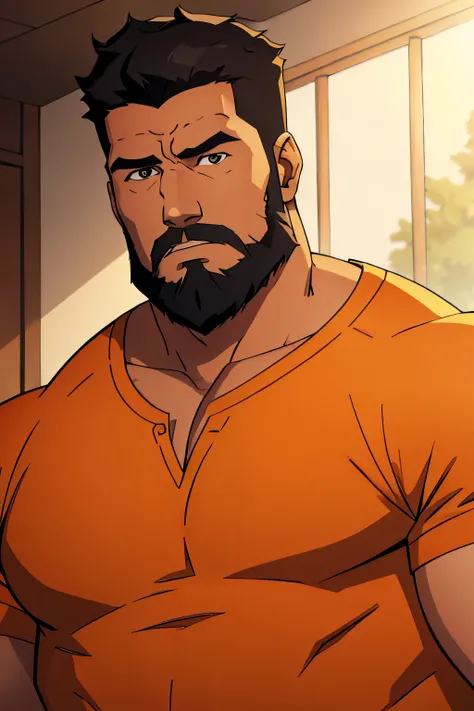 Masterpiece, Best Quality, Ultra Detailed, 1man, mature male, muscular, hunk, bara, jock, beef, dad, black skin, black, taned skin, latino, 36 years old, black hair, beard, stubble, stubble beard, big beard, overcut hair, looking at the viewer, serious exp...
