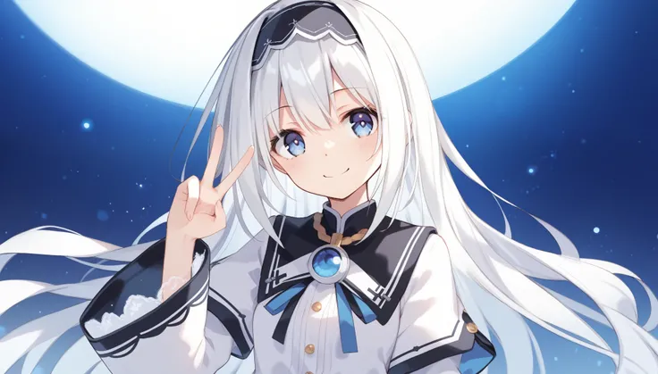 score_9, score_8_up, score_7_up, arusu maria,1girl, solo, long hair, blue eyes, white hair,hair between eyes,white dress,white thighhighs, long sleeves, wide sleeves,black hairband,Face, close-up, upper body, peace pose, smiling, sit, rised hand, night bac...