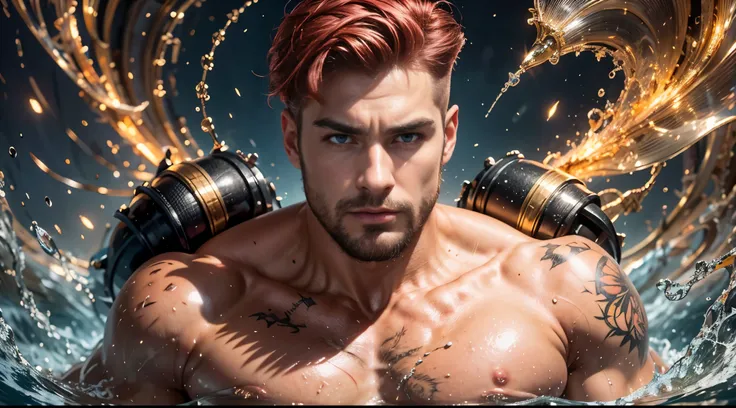 A strong man, short pink hair, short beard, has orange eyes, is underwater, has tattoos all in shades of black, has a golden trident, realistic drawing style, focus on the face