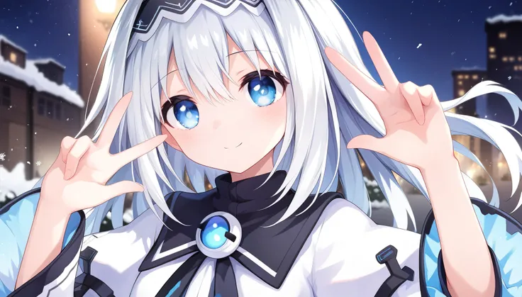 score_9, score_8_up, score_7_up, arusu maria,1girl, solo, long hair, blue eyes, white hair,hair between eyes,white dress,white thighhighs, long sleeves, wide sleeves,black hairband,Face, close-up, upper body, peace pose, smiling, sit, rised hand, snow back...