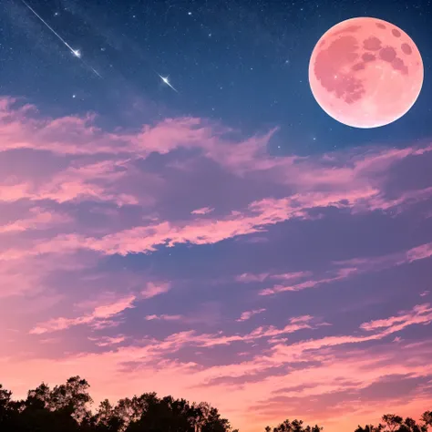 a pink moon in the sky with clouds and stars, pink moon, ☁🌪🌙👩🏾, giant pink full moon, ✨🕌🌙, heaven pink, pink skies, beautiful as the moon, pink clouds, the sky is pink, moon in the sky, ❤🔥🍄🌪, pink sky, dreamy ethereal vibe