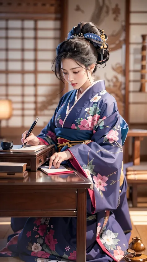 Extremely realistic and detailed image quality、Bust size 40 inchesＭcup、Super big breasts、Tight waist、An extremely beautiful Taisho-era woman wearing a hakama is practicing calligraphy at a desk in a magnificent Japanese-style room.、Low desk、Sitting upright...