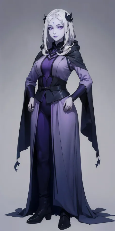 (1solofemale full body standing straight symmetrical, hands on hips) (smile purple makeup) grayscale skin, pale hair and violet eyes. She prefer clothing of white and silver with cloaks of deep blue or purple, blue or purple background (Masterpiece, highre...
