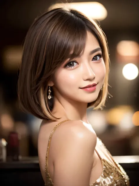 depth of field, cinematic lighting, uhd, masterpiece, anatomically correct, textured skin, 8k, Detailed eyes、Detailed face、Detailed expression、One Japanese woman、Heavy makeup、Glossy Lips、Dark brown eyes、Facing the camera、Bright smile、Plain evening dress、Li...