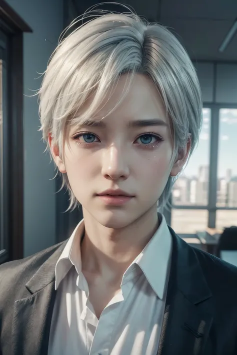 Final Fantasy (yuna) anime boy with white hair and office clothes, Beautiful character painting, soft anime cg art, realistic anime art style, beautiful animated portrait, beautiful anime woman, Photorealistic rendering of anime girl, Makoto Shinkai and Ar...