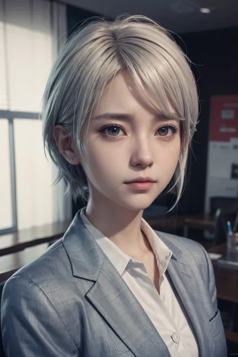 Final Fantasy (yuna) anime boy with white hair and office clothes, Beautiful character painting, soft anime cg art, realistic anime art style, beautiful animated portrait, beautiful anime woman, Photorealistic rendering of anime girl, Makoto Shinkai and Ar...