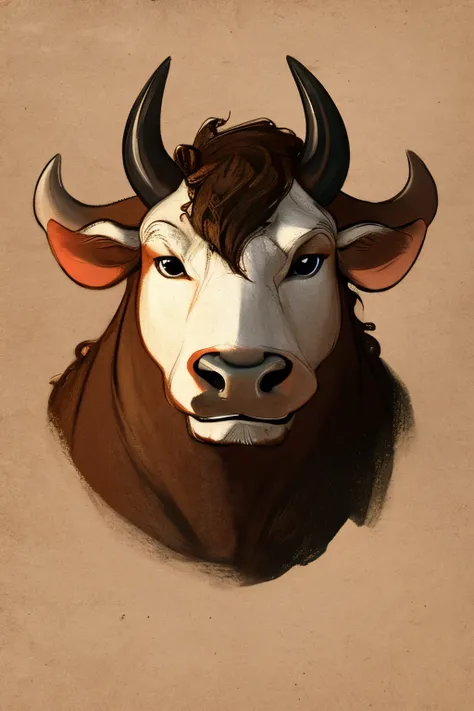 portrait of a bull from the front, calm bull face, sketch style, dondo white