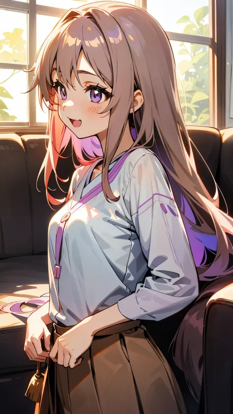 1 girl、Anime Style、美しい light brown hair、Beautiful purple round eyes、Long Hair、Transparent Hair、Translucent hair、Laughing with your mouth open、From the side、Upper body close-up、Western-style room、sofa、morning、Glowing Skin、Narrow waist、Casual Wear Skirt