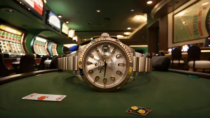 rolex fully extended on a surface,  and with a blurred background of a casino, realist  