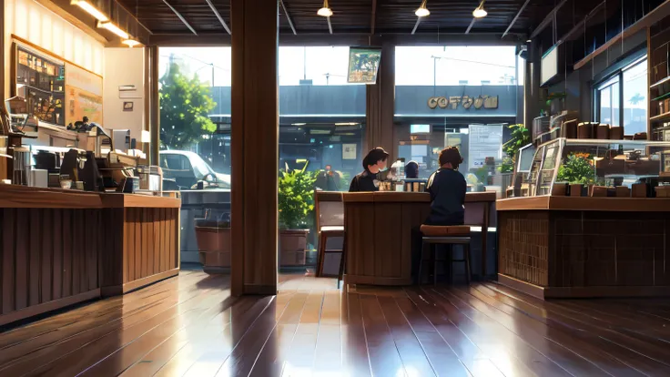 A magical scene of a small coffee shop on a rainy afternoon, captured by Makoto Shinkai, Soft color palette that enhances the atmosphere, Lo-fi musician adding a unique sound layer, atmosphere of serenity and conviviality (best qualityer), (8k resolution),...