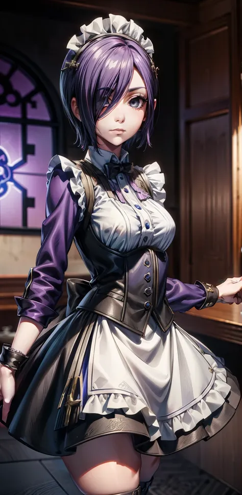 Beautiful face, beauty, white skin, purple-blue eyes, short purple-blue hair, hair covering her left eye, cute body, Cute waitress outfit, detailed black dress, white embellished apron, An ornate dress containing embellishments and bows, a castle maids dre...